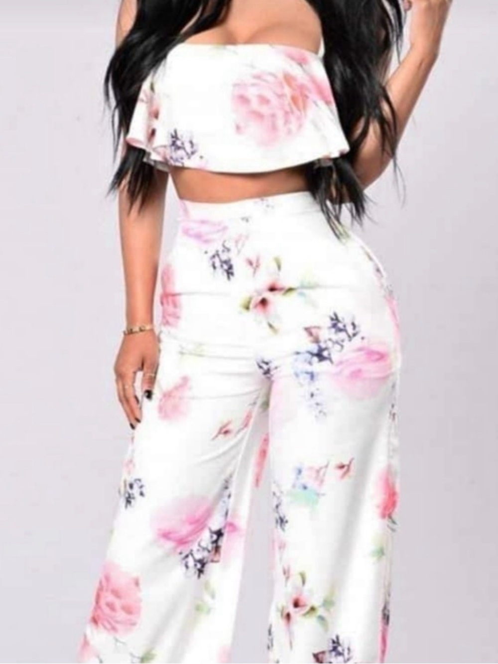 Fashion Nova White Floral Wide-Leg Jumpsuit Set with Pink Accents